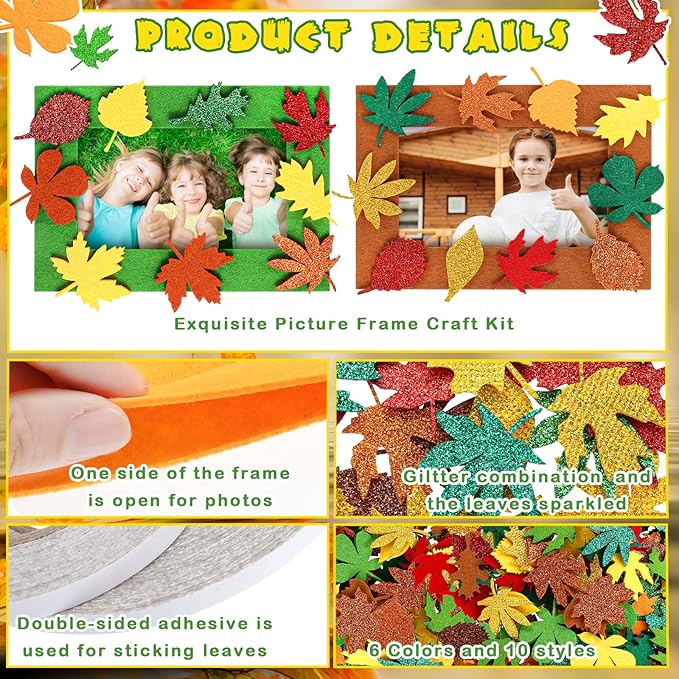 Ferraycle 232 Pcs Fall DIY Picture Frames Craft Kit Thanksgiving Felt Photo Frames with Leaves Pumpkin Harvest Crafts with Foam Stickers for Autumn Party Favor(Mix Color,Leaf)