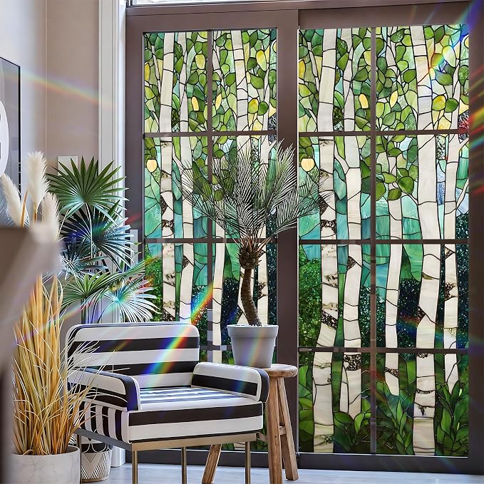 Stained Glass Window Privacy Film: Non-Adhesive Sun and Landscape Mosaic Design - Image 3