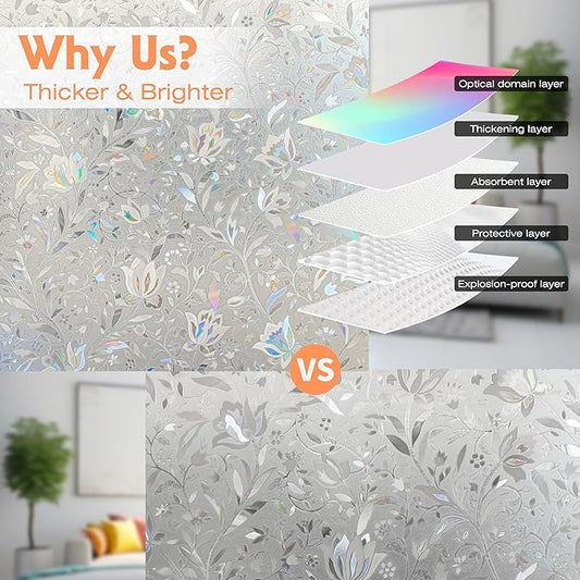 Hilarious Privacy Window Film, Tulip Window Vinyl, Stained Glass Static Stickers, 3D Decorations for Glass Windows, Removable Window Covering, Adhesive-Free Stickers (23.6'' x 118'')