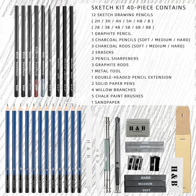 H & B 40 Piece Professional Sketch Pencil Drawing Kit,Complete Artist Kit, Including Graphite Pencils, Pastels, Sharpener and Eraser