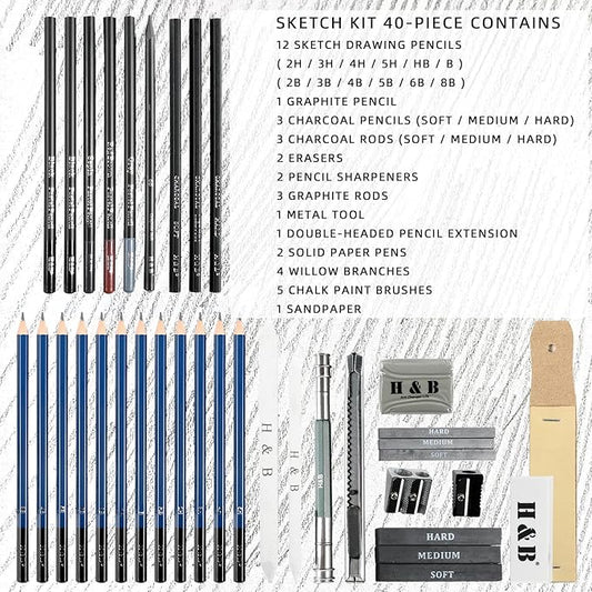 H & B 40 Piece Professional Sketch Pencil Drawing Kit,Complete Artist Kit, Including Graphite Pencils, Pastels, Sharpener and Eraser