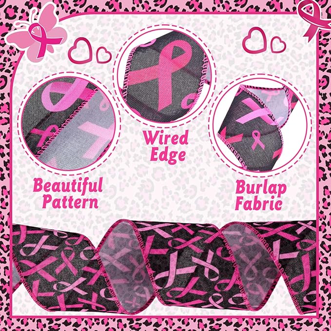 12 Rolls 60 Yards Breast Cancer Awareness Wired Edge Ribbon Pink Butterfly Patterned Ribbon Faith Hope Love Bow Making Craft Wrapping for Women Gift Wrapping Activities Home Accessories Decor