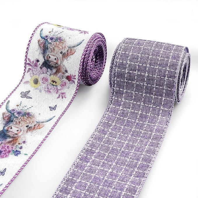 2.5'' x 10 Yards Spring Wired Ribbons for Crafts Wreath Bows Wrapping Natural Buffalo Plaid Ribbon Rustic Purple Ribbon for Birthday Party Home Decoration
