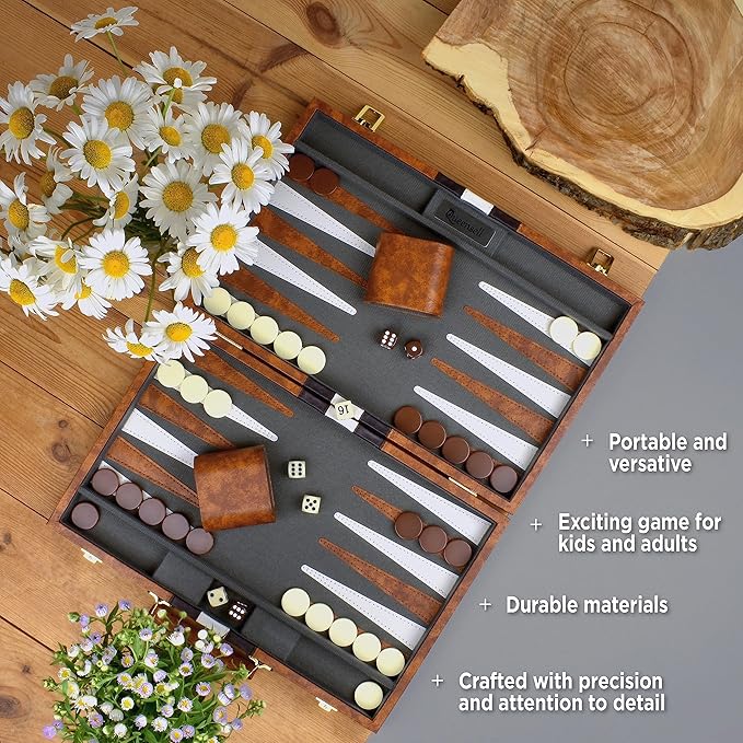 Large Backgammon Sets for Adults - Classic Board Games for 2 Players Adults and Kids - Premium Backgammon Set 15 inch Board and 32 Backgammon Pieces in Quality PU Leather Case - Gift for Man