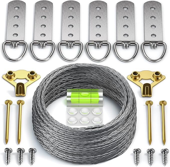 Heavy Duty Picture Wire Hanging Kit - D-Ring, Screws, Hanging Hooks,Level. Supports up to 100 lbs 50+ Feet (15.25M) Stainless Steel Wire Hanger