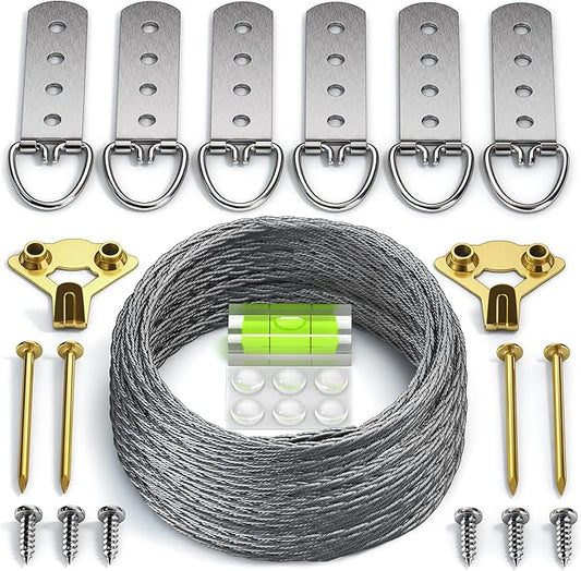 Heavy Duty Picture Wire Hanging Kit - D-Ring, Screws, Hanging Hooks,Level. Supports up to 100 lbs 50+ Feet (15.25M) Stainless Steel Wire Hanger