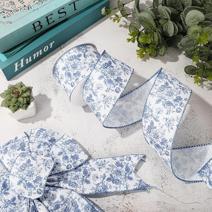 Generic AnyDesign Floral Wired Edge Ribbon Blue Flower Craft Ribbon Chinoiserie Decorative Fabric Ribbon for DIY Crafts Wreath Bow Making, 12 Yards