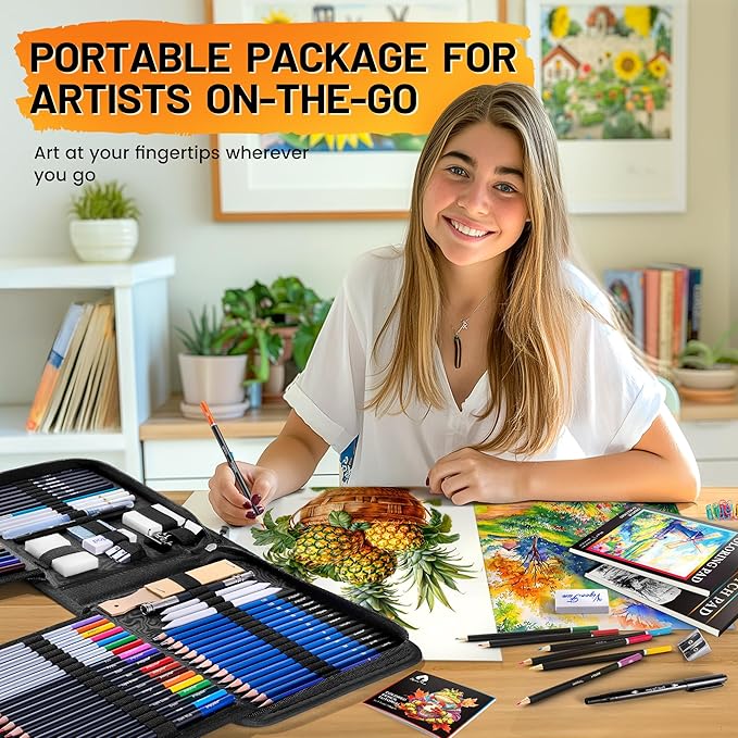 106 PCS Art Supplies Sketching Kit, Pro Drawing Pencils with 3-Color Sketchbook, Coloring Book, Colored Graphite Charcoal Watercolor & Metallic Pencils, Drawing Supplies Gifts for Artists Adults Kids