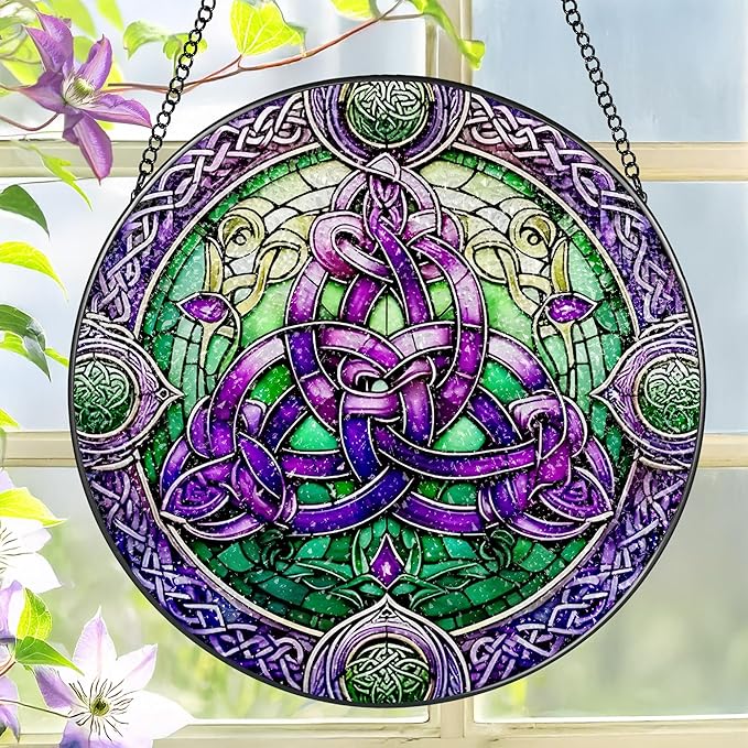Stained Glass Window Hanging, LAOWEIKI 8'' Celtic Knot Suncatcher, Stained by Unknown