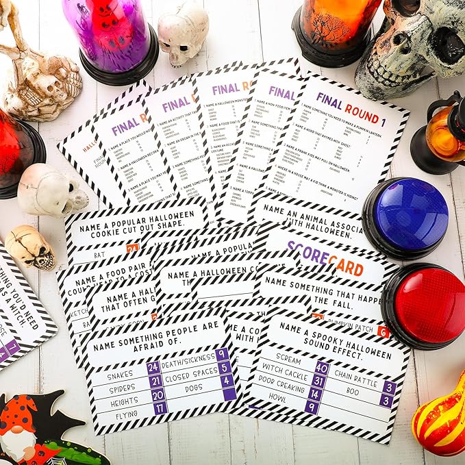 Halloween Party Friendly Feud Game with 2 Answer Buzzers, Team Building Feud Cards for Holiday Game Night Fun Trivia Quiz for Groups Office Class