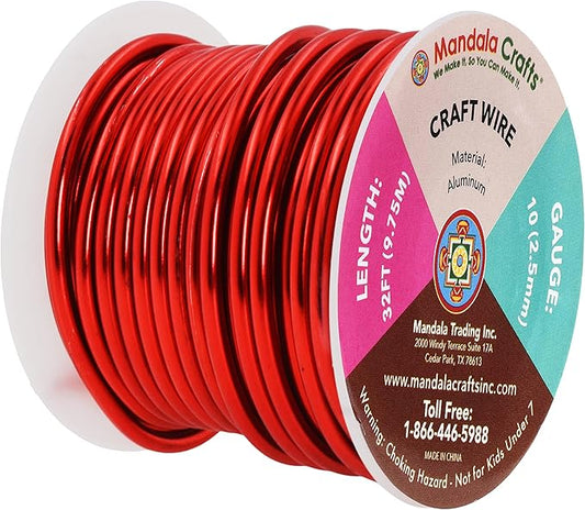 Mandala Crafts 10 Gauge Anodized Aluminum Craft Wire for Jewelry Making - 32 FT Colored Flexible Red Wire - Bendable for Bonsai Armature Crafting Sculpting