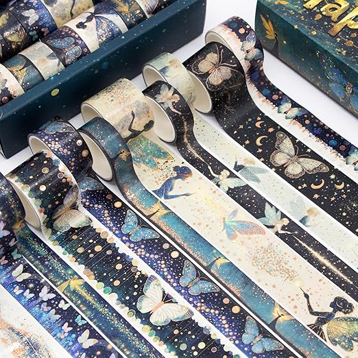 14 Rolls Washi Tape Set - Gold Foil Green Fairy Decorative Masking Tape Butterfly, Fairy, Star, Magic, Adhesive Tape for Bullet Journal,DIY Craft,Scrapbooking Supplies,Gift Wrapping