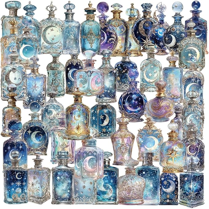 50PCS Lunar Phase Crystal Bottle Stickers – Clear Watercolor Moon & Star by YOKSAS