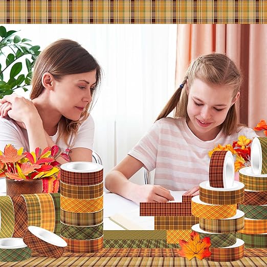 12 Pcs Thanksgiving Washi Tape Plaid Pattern Masking Tape Decorations Thanksgiving Decorative Paper Sticker for Vintage Journals, Planners, DIY Craft Gift Wrapping
