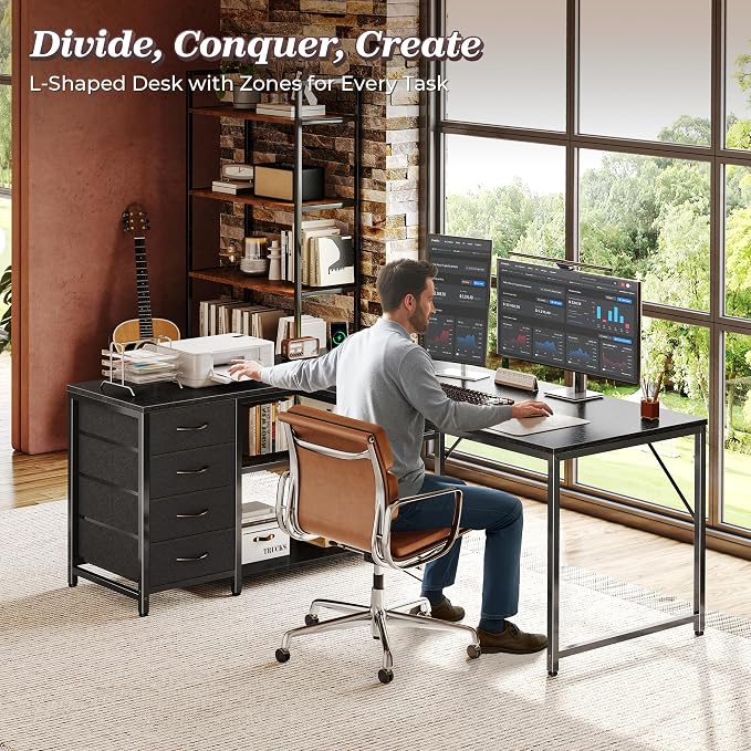 PRAISUN 53" L Shaped Desk with Power Outlets & USB-C Port, Reversible Computer - Image 3