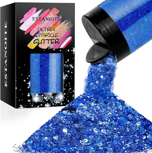 Holographic Chunky Glitter, 5.64oz/160g Craft Glitter Powder Mixed Chunky Flakes, Iridescent Nail Sequins for Nail Art, Hair, Epoxy Resin, Tumblers, Slime, Painting, Festival Decor (Galaxy Blue)