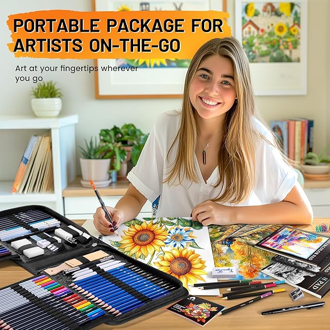 133 PCS Art Supplies Sketching Kit, Pro Drawing Pencils with Sketchbook, Coloring Book, Watercolor Pad, Black Paper Pad, Colored Graphite Charcoal Watercolor & Metallic Pencils for Artists Adults Kids