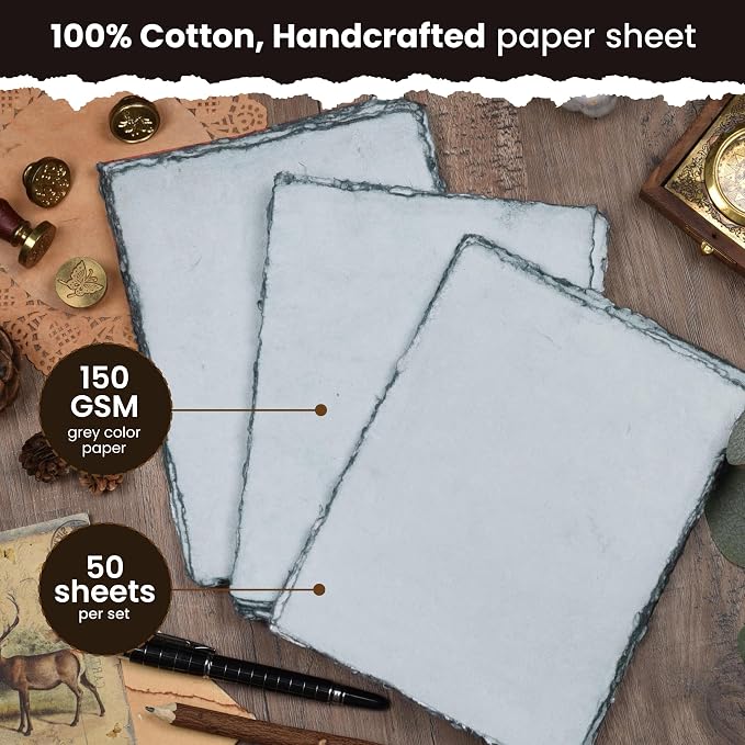 LEATHER VILLAGE Grey Deckled Edge Handmade Watercolor Paper 7.5x11.5 | 50 - Image 2