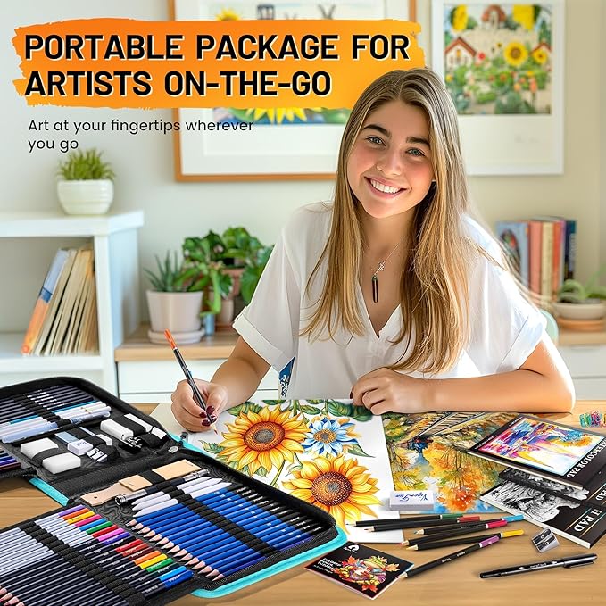 133 PCS Art Supplies Sketching Kit, Pro Drawing Pencils with Sketchbook, Coloring Book, Watercolor Pad, Black Paper Pad, Colored Graphite Charcoal Watercolor & Metallic Pencils for Artists Adults Kids