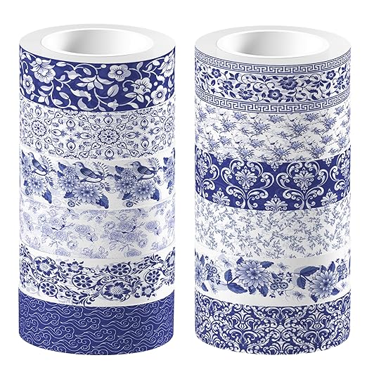12 Pcs blue and white porcelain Washi Tape Maple Leaf Print Masking Tape Pumpkin Pattern Decorative Paper Sticker for Fall Party Holiday Scrapbook DIY Craft Gift Wrapping Handbook Sticker