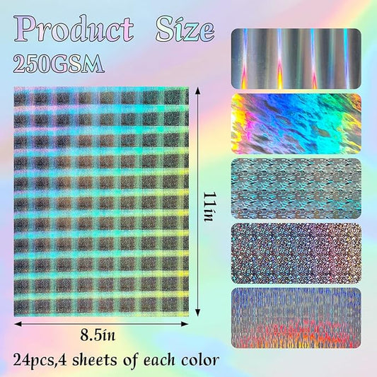 24 Sheets Holographic Cardstock 8.5 x 11in, 250gsm/92lb 6 Mixed Styles Metallic Cardstock Shiny Iridescent Mirror Paper Thick Foil Board for Scrapbook,Card Making,Crafts,Party Decoration (Multicolor)