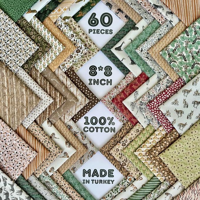 60-Piece Neutral Nature Patchwork Cotton Fabric Squares – 8×8 inch, 100% Cotton by FabricsTown