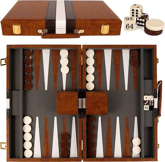 Backgammon Set - 15 Inch Classic Backgammon Board Game Sets Handheld - Backgammon Sets for Adults and Kids - Brown Faux Leather Case - Instruction
